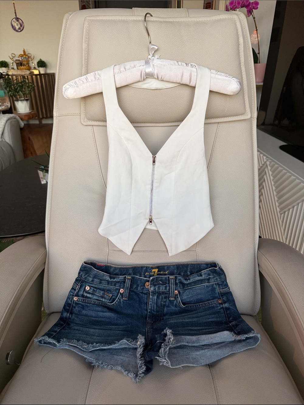 ⚡️White•Zip-Front Halter Top + Denim Shorts